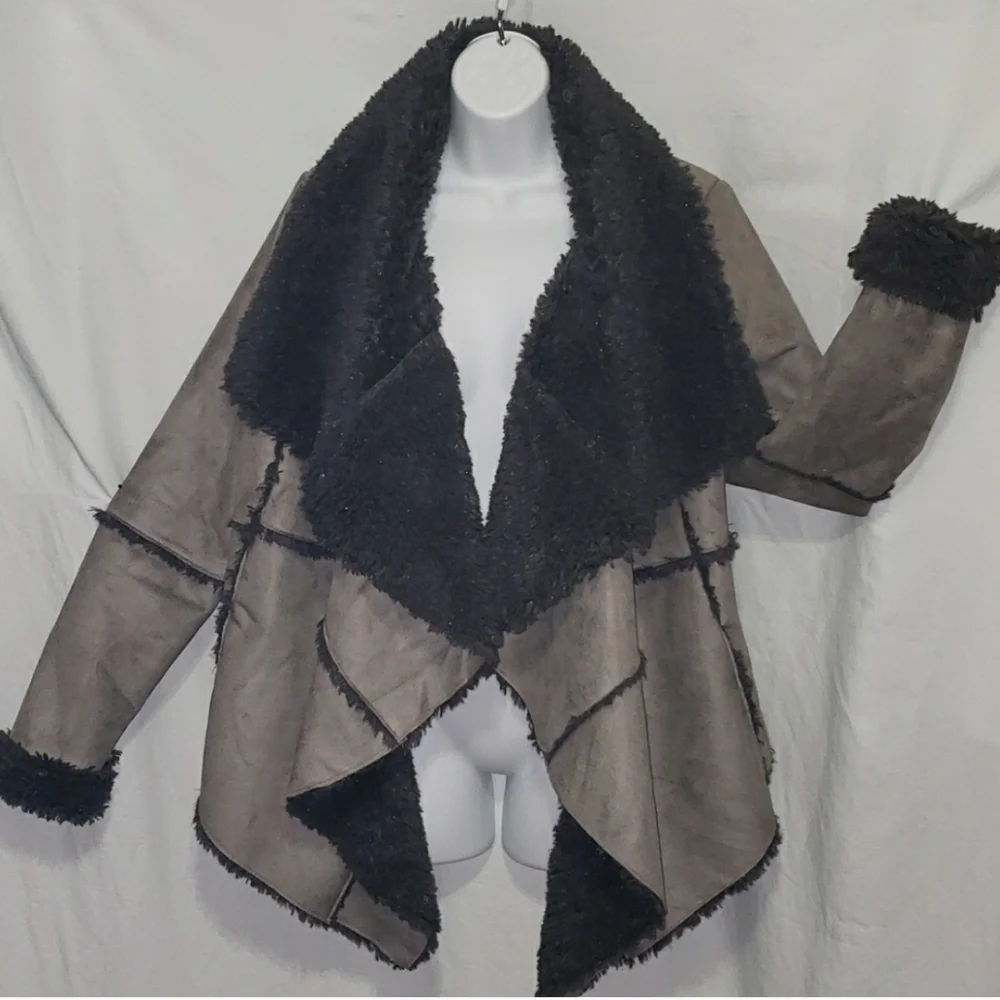 Women’s Taupe Faux-Suede Asymmetrical Coat with Black Faux-Fur Trim - Picture 2 of 11